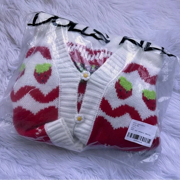 💌[ Dolls Kill ] Strawberry Shortcake Berry Charms Intarsia Cardigan Sweater - Picture 10 of 12